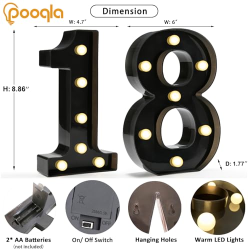 Light Up Number 18 - 8.86 Inch Black Birthday Decoration for Boys