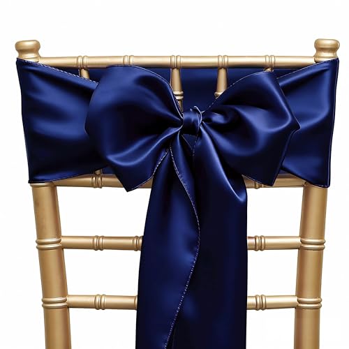 50 Pcs Satin Navy Blue Chair Sashes Bows 7x108 Inches for Weddings & Events - Variation of Navy Blue
