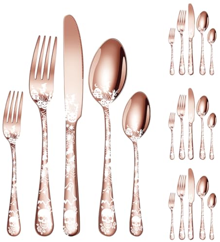 Halloween Skeleton Silverware Set for 4 - Rose Gold 20-Piece Flatware