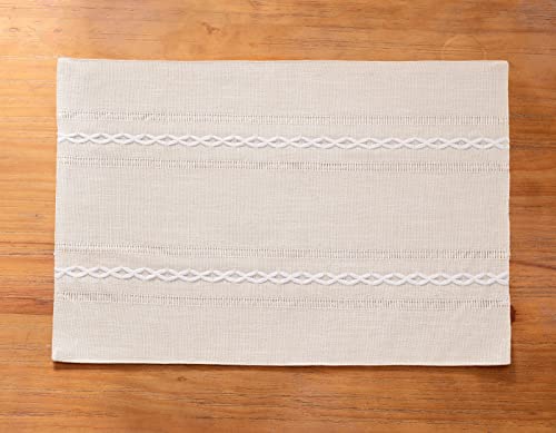 Hemstitched Ivory Cotton Linen Placemats Set of 8 - Embroidered Table Decor
