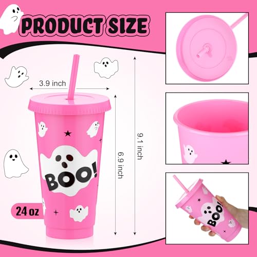 Pink Halloween Ghost Plastic Cups with Lids & Straws - 24 oz, Set of 12