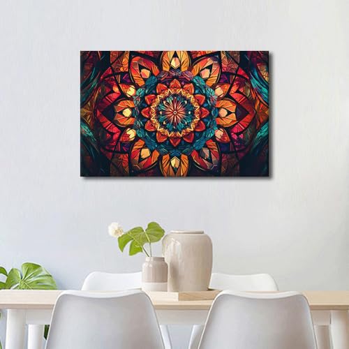 Canvas Wall Art - Mandala Stained Glass Window Design - 24x16 in - Framed Home Decor - Variation-02