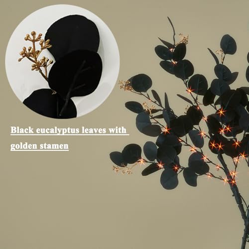 Lighted Black Eucalyptus Branches with Timer - 80 LED Halloween Tree Decor
