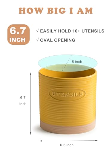 Ceramic Kitchen Utensil Holder with Yellow & Clay Finish - 6.7 Inches, Organize Countertop
