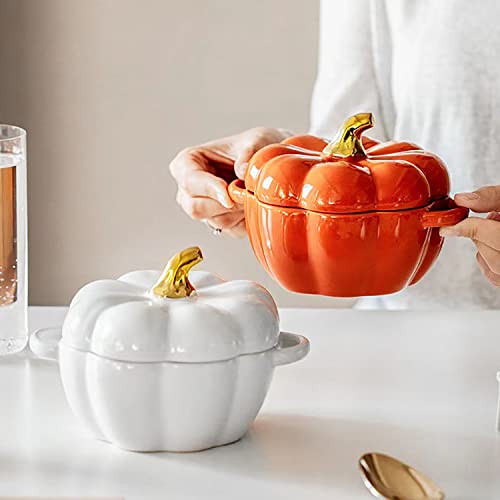 Orange Pumpkin Bowl Set with Lid & Handle, 14 Oz Ceramic Ramekins for Baking & Serving