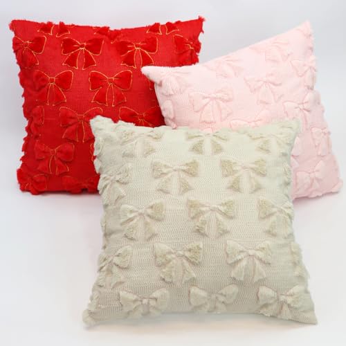 Pink Bow Throw Pillow Covers Set of 2 - 18x18 Inches Faux Fur Cushion Cases