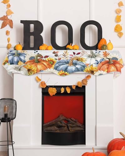Fall Fireplace Mantel Scarf - Orange Blue Pumpkin Sunflower Rustic Decor 90 x 17 Inches - Fall Variation