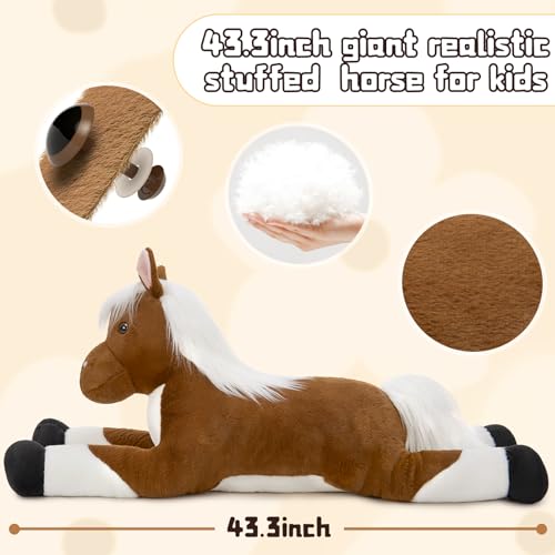 Dark Brown 43.3 Inch Giant Horse Stuffed Animal Plush Toy for Kids & Decor