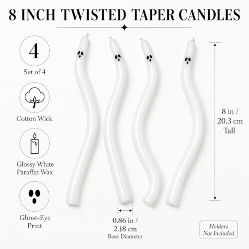 Ghost Taper Candles - 8 Inch Twisted Halloween Candles, 4 Pack with Ghost Faces