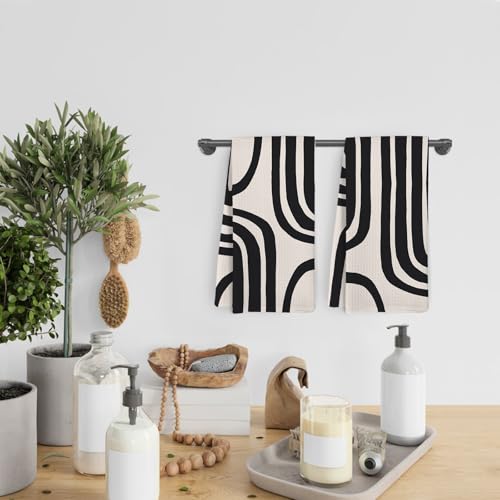 Mid Century Modern Boho Abstract Kitchen Towels & Dishcloths Set of 2 - Black Beige