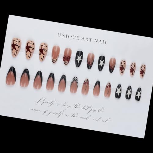 Press On Nails with French Cherry Leopard Design - Almond Fake Nails 24PCS