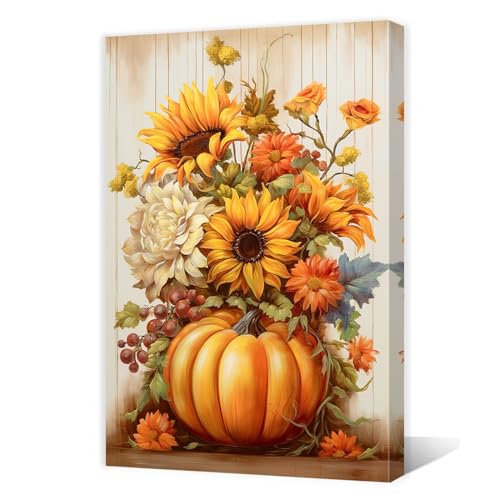 Fall Pumpkin Sunflower Canvas Wall Art - 12 x 18 Inches Thanksgiving Decor V2