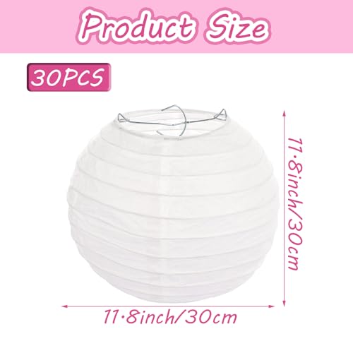 12 Inch White Paper Lanterns - Decorative Chinese Hanging Lanterns for Weddings, Parties, Christmas & Home Decor - 30 Pack