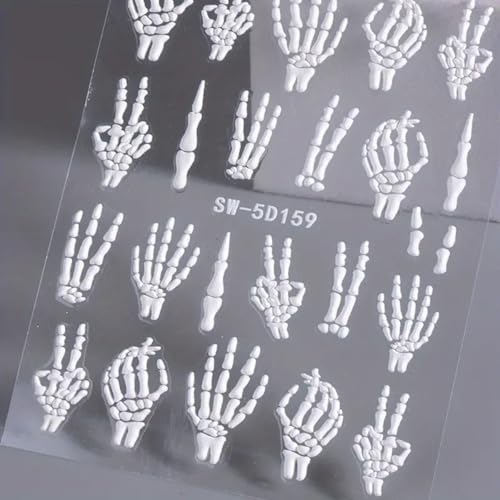 White Skeleton Halloween Nail Stickers - 5D Embossed Bone Skeleton Design - 2PCS