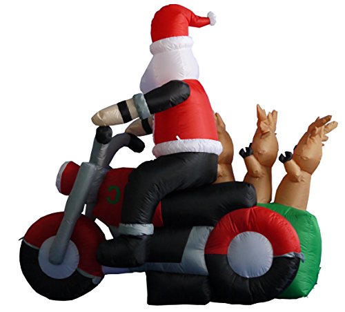 Lighted Christmas Inflatable Santa & Reindeer on Motorcycle - 5 Ft Yard Decor