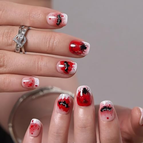 CurvLife Extra Short Square Press-On Nails - Crimson Haunt Red, Reusable Gel Set