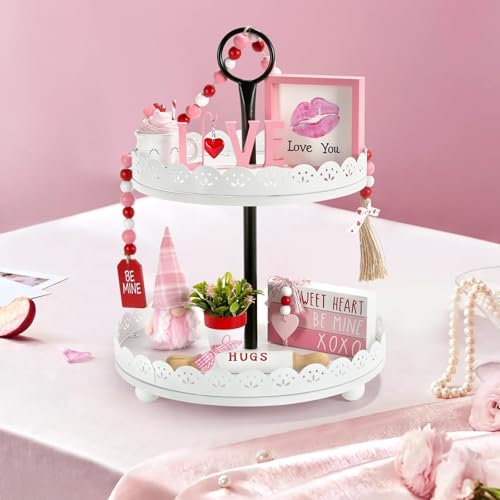 Pink Valentine's Day Tiered Tray Decor Set - 8 Pieces, Farmhouse Style, Includes Gnome & Heart Accents - Pink Valentine