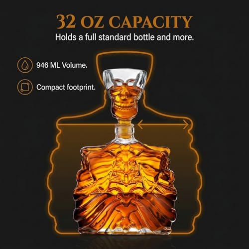 Godinger Skull Whiskey Decanter Set with Shot Glass - 32oz Gothic Home Bar
