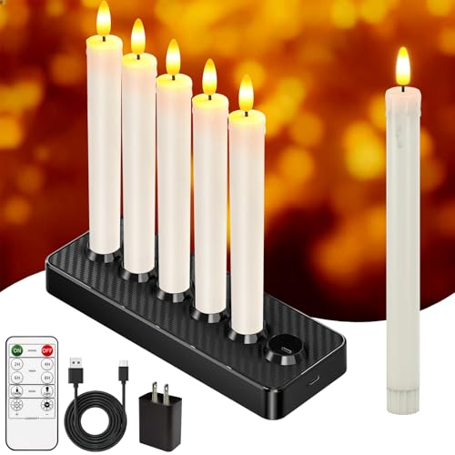 Rechargeable Flameless Taper Candles with Charging Base - White, 6 Pack