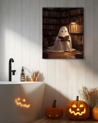 Halloween Ghost Wall Art Canvas Print - Spooky Library Reading Decor 8x10 Variation: Ghost-7