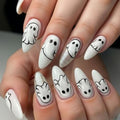 Halloween Ghost Fake Nails Set - Silver Glitter Almond Press On Nails with Cartoon Ghost Design - Variation 13