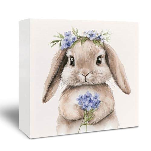 Easter Wooden Sign - Retro Bunny Spring Desk Decor, 5x5 Inch Myosotis Variation