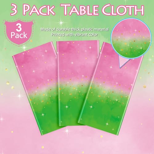 3pcs Witch Party Tablecloths - Pink and Green Disposable Rectangle Plastic Cover for Kids Baby Shower Birthday