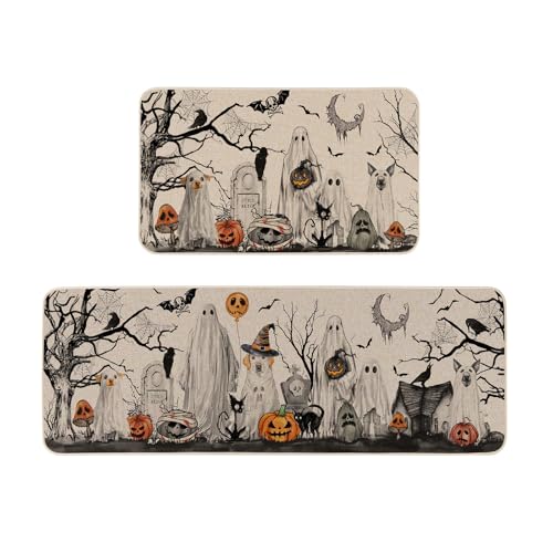 Halloween Boo Dog Ghost Decorative Kitchen Rugs Set of 2, 17x29 & 17x47 Inch - Multi-Color