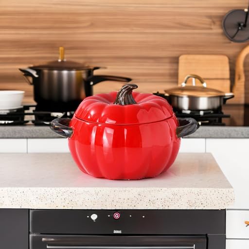 Dutch Oven Pot with Lid - Pumpkin Ceramic Casserole & Baking Dish - Red - Mini Dessert Saucepan