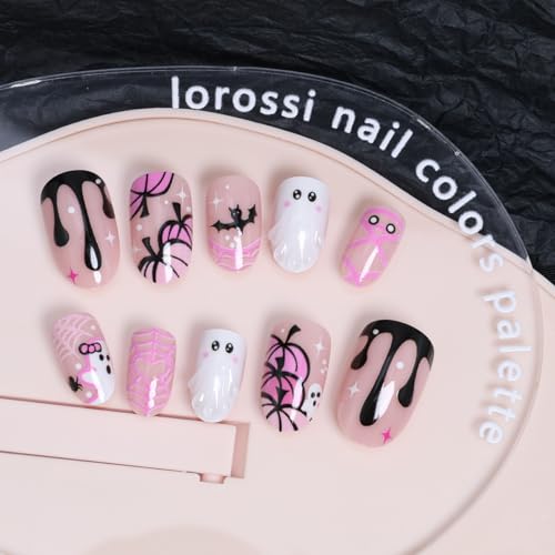 3D Ghost Halloween Press On Nails - Short Almond Fake Nails with Mummy Pumpkin Bat Web Designs - Pink, Glossy, Reusable, DIY Manicure, Variation 26