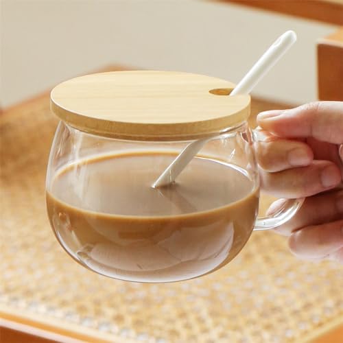 Belly Mug with Bamboo Lid & Tulip Spoon - 350ml Clear Glass Coffee Tea Cup