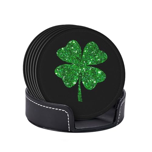 St. Patrick's Day Shamrock Coaster Set with Holder - 6 Green Leather Drink Coasters, 4 Inch, Cute Table Decor - One Size