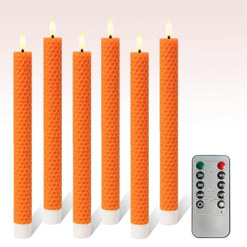 Orange Honeycomb Flameless Candles with Remote & Timer - 9.5 Inch LED Flickering Candles, Real Beeswax, Battery Operated, Set of 6