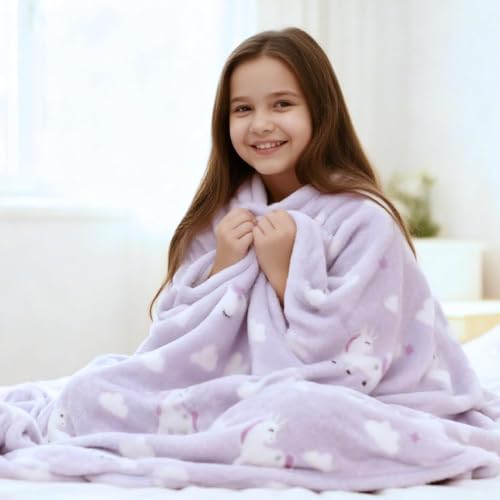 Kids Unicorn Blanket - Light Purple 50x60 Inches Soft Flannel Throw