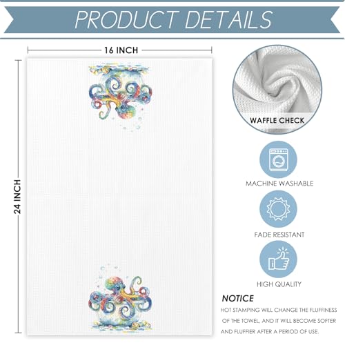 Beach Octopus Hand Towels - Coastal Marine Pattern for Bathroom & Kitchen, 16x24 Inches