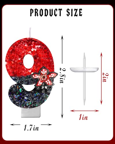 Red & Black Glitter Birthday Number Candle - 9 - Retro Sci-Fi Halloween Party Decor