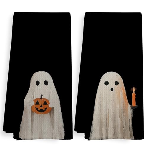 Black Ghost Halloween Kitchen Towels & Dishcloths Set of 2 - Fall Home Decor