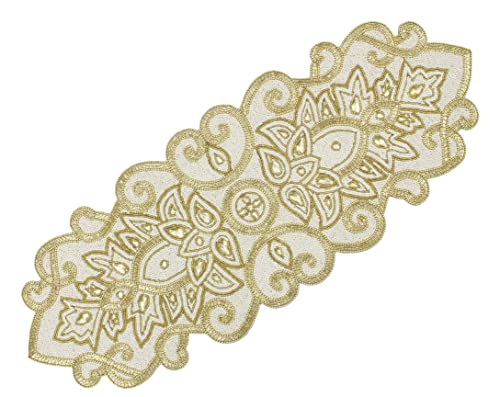 Beaded Table Runner Ivory & Gold - Handmade 13x36 Inches - Gold Variation