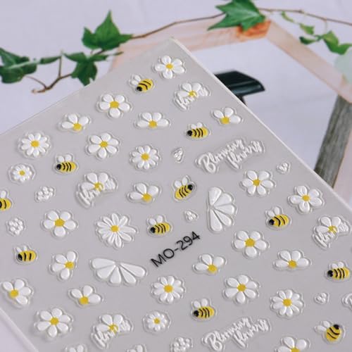 5D Flower Nail Art Stickers - White Daisy & Bee Embossed Decals, 3pcs - Variation 5D Flower 4