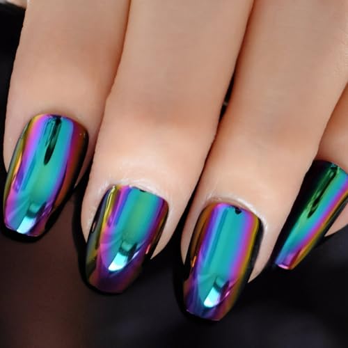 Holographic Blue Purple Coffin Nail Set Mirror Chrome Fake Nails with Variation - Green Purple