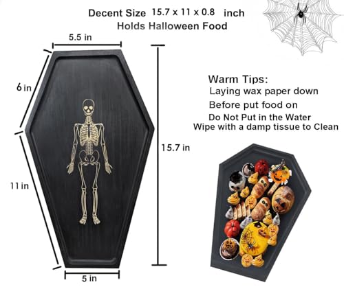 Coffin-Shaped Halloween Serving Dish Tray - Skeleton Engraved Wood Platter - Gothic Decor & Party Serveware