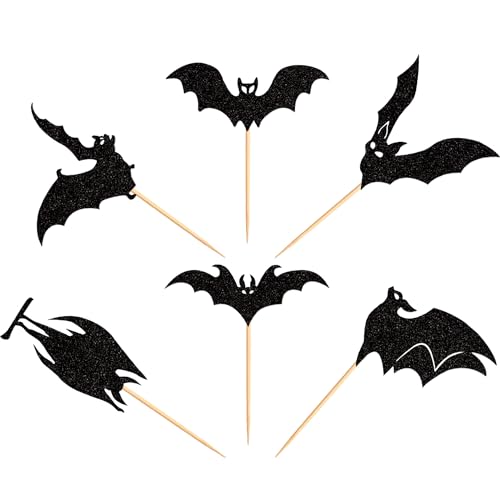 Halloween Bat Cupcake Toppers - Black Glitter Silhouette, Pattern 16, 24 Pack