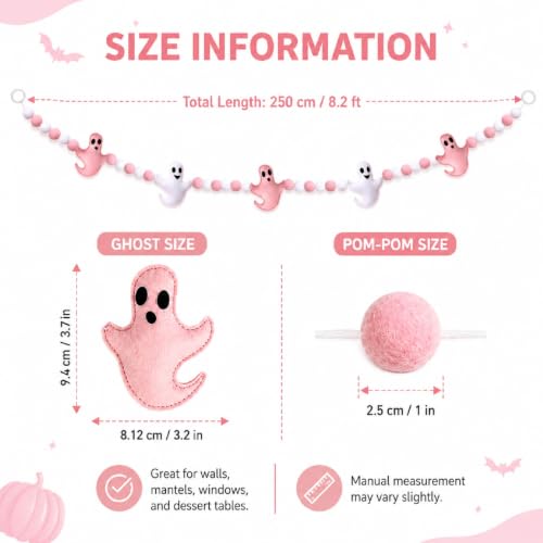 Pink Halloween Garland with Ghost and Pumpkin Decorations - 8.2 Ft Felt Mantel Decor