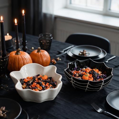 Halloween Ceramic Candy Bowls Set - Ghost and Spider Web Design, 2 Pieces, Black & White