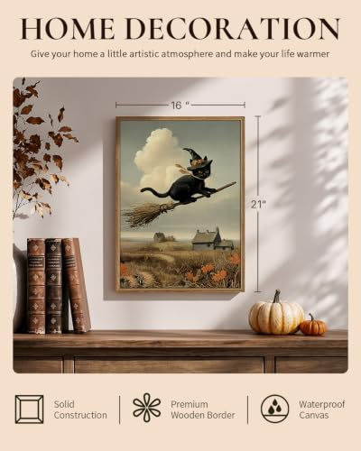 Black Cat Halloween Wall Art - Framed Canvas Print 16x12 Broomstick Variation