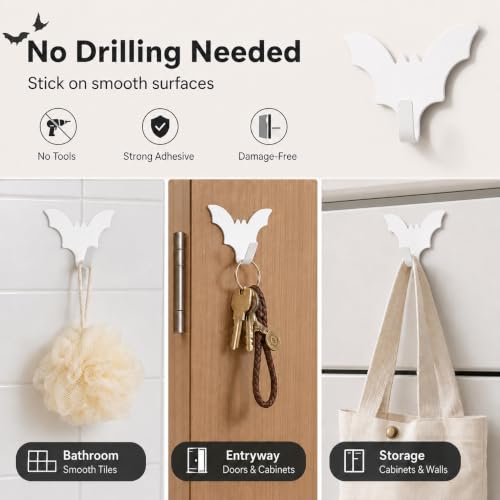 White Bat-Shaped Adhesive Wall Hooks - Set of 8 for Home & Office