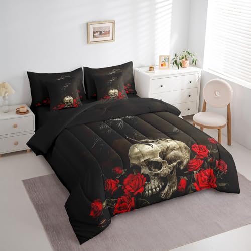Black Red Sugar Skull King Bed in a Bag Halloween Kids Bedding Set with Comforter & Sheets
