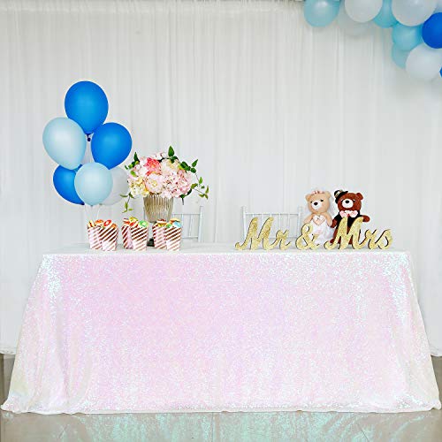 90x156 Inch White Iridescent Sequin Tablecloth - Wedding & Party Decor