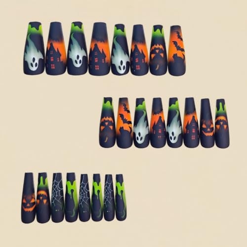 Halloween Press On Nails Long Square with Ghost Pumpkin Spider Web Cat - Style12