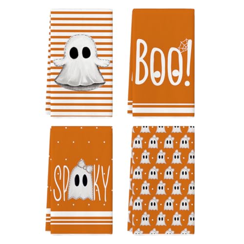 Orange Ghost Halloween Kitchen Towels Set of 4 - 18x26 Inches, Soft & Absorbent